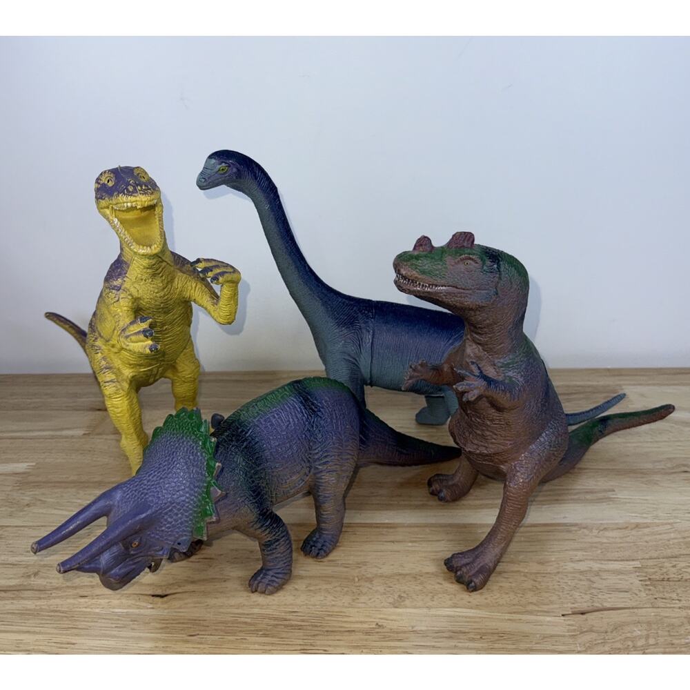 Lot Of 4 VTG Dinosaur Toys Figures 1980s Rubber Triceratops Velociraptor 10”